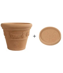 Farmet New Kunststoff-Topf Festonato, Rund, Terrakotta, Inkl. Untersetzer
